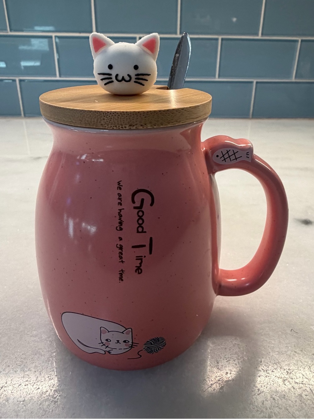 Cute Pink Cat Ceramic Mug with Lid and Spoon - Good Time